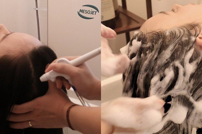 A person receiving a hair treatment with a device. 3