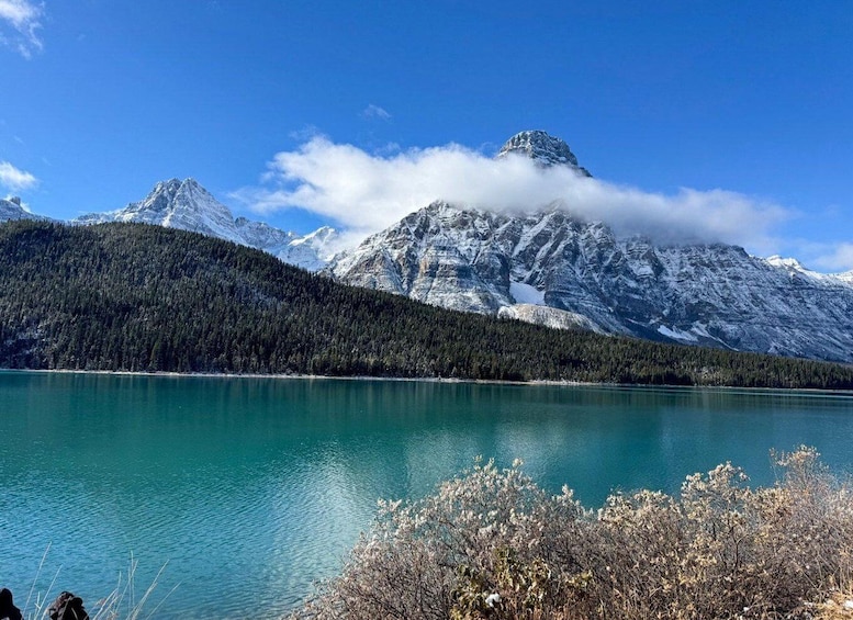 A mountain range with snow-capped peaks, a turquoise lake, and a forested foreground. 2