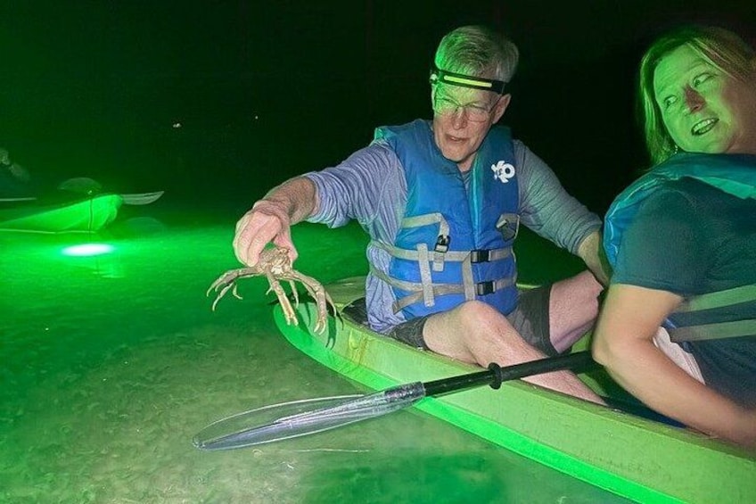 Dos personas en kayak sobre el agua de noche, con iluminación verde. 4