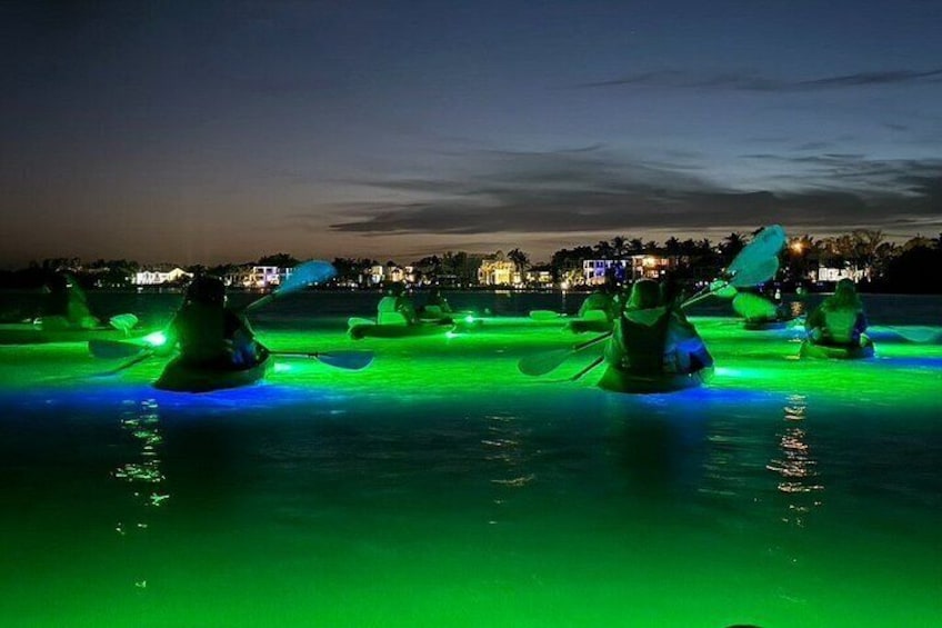 Illuminated kayaks on water at night. 4
