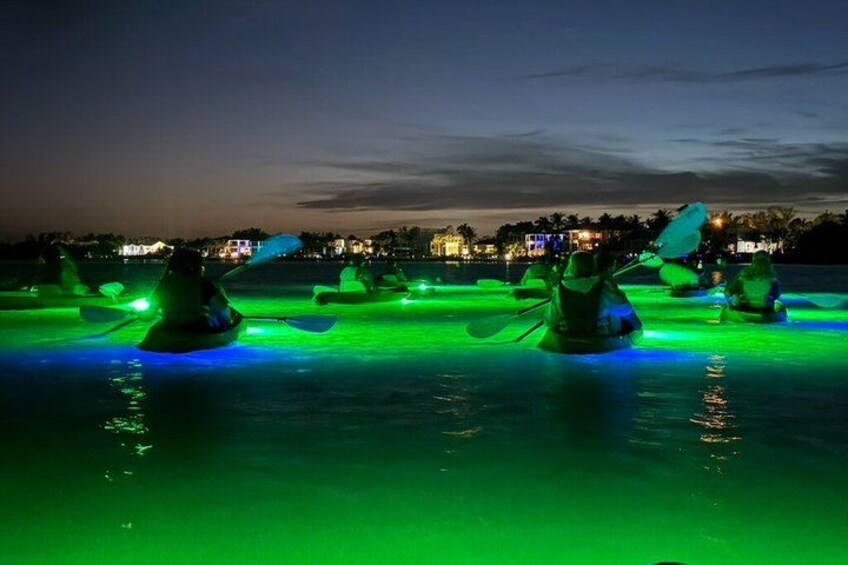 Des kayaks illuminés flottant sur l’eau, la nuit. 4
