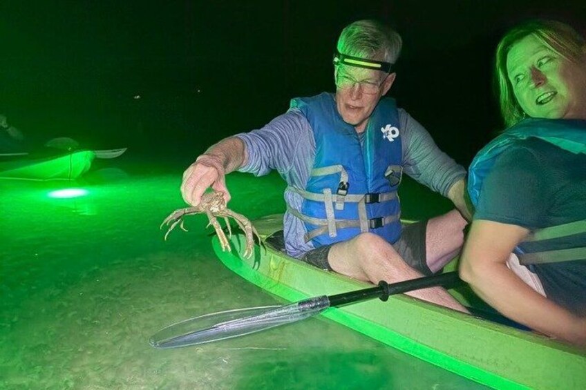Deux personnes dans un kayak sur une étendue d’eau, de nuit, éclairée de lumière verte. 2