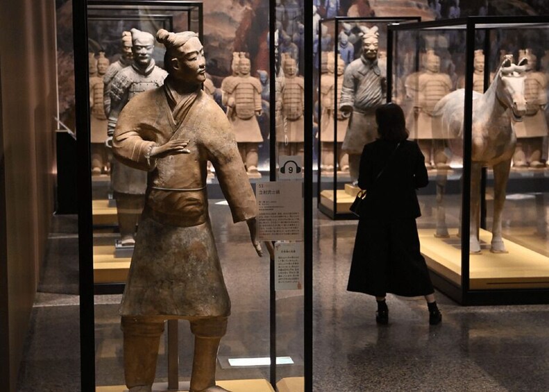 A museum exhibit featuring terracotta soldiers and horses. 5