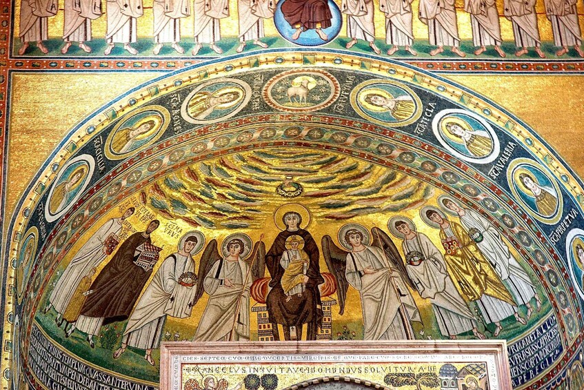 A detailed mosaic with religious figures, geometric patterns, and inscriptions. 2