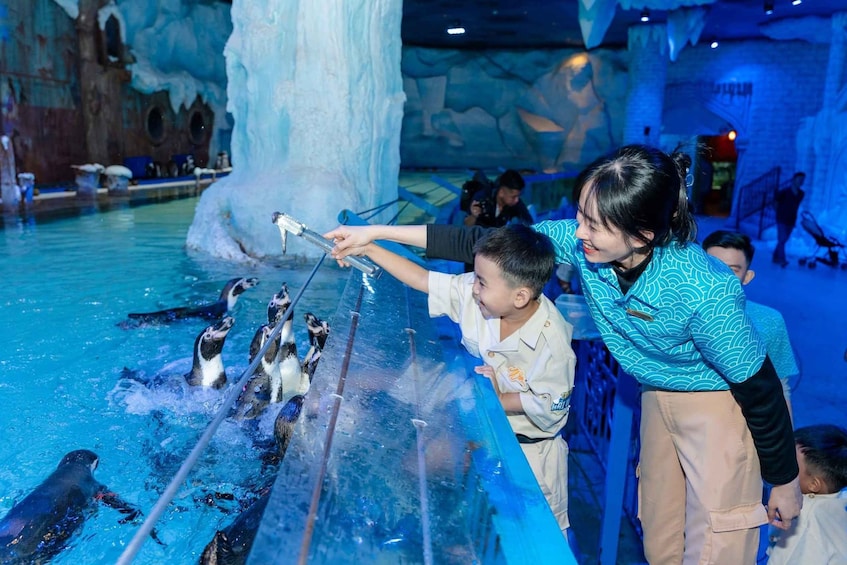 An indoor aquarium with penguins in a pool, a large ice sculpture, and visitors observing the penguins. 5