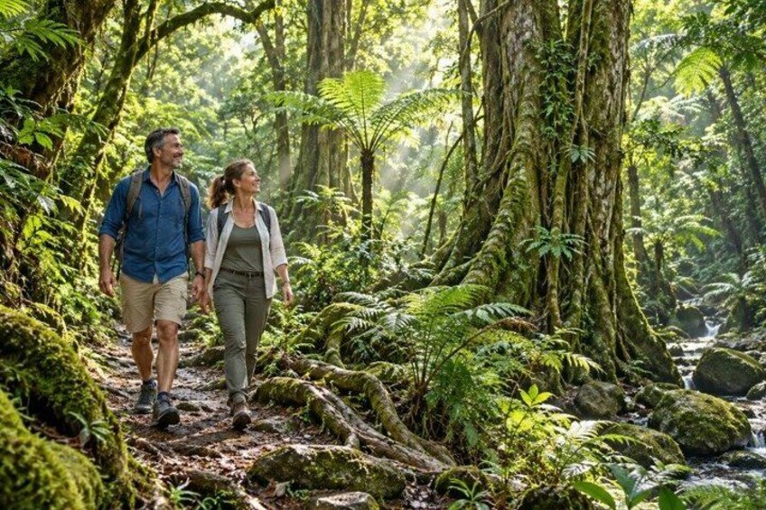 A couple walking on a forest trail surrounded by lush greenery and trees. 5