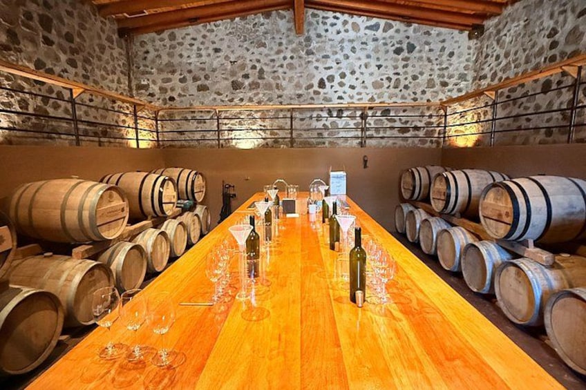 A wine cellar with wooden barrels and bottles on a long table. 5