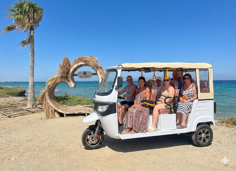A group of people on a white vehicle with a thatched structure and palm tree in the background. 3