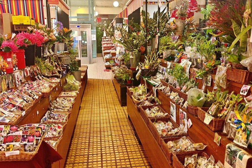 A flower shop aisle with various plants and flowers on display. 4