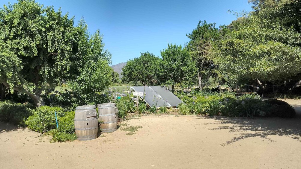 A rural landscape with a solar panel, two wooden barrels labeled 'PLASTIC,' and a dirt path. 3