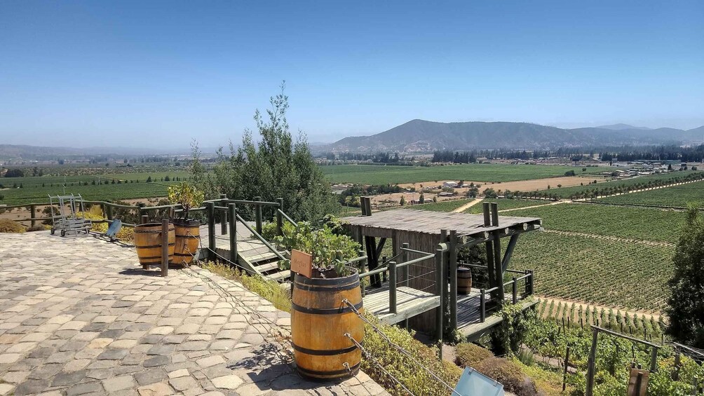 A vineyard with wooden structures and barrels, overlooking a valley with fields and distant mountains. 4