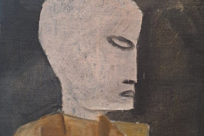 A painting with a figure in a yellow garment and a dark background. 1