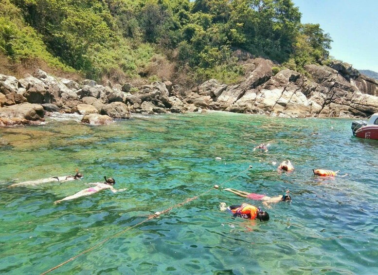 People swimming in clear water with a rocky shore and greenery in the background. 5