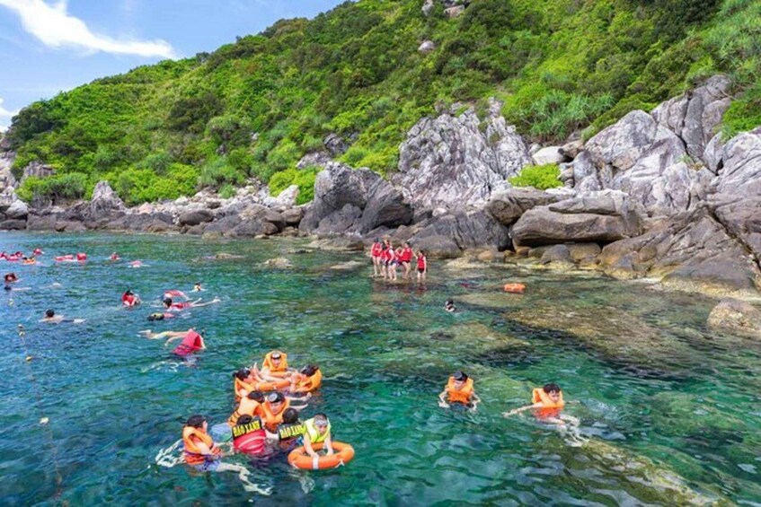 People swimming and floating in a clear, rocky coastal area with lush greenery in the background. 3