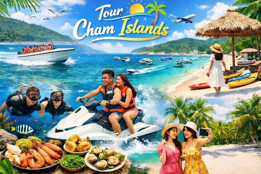 A jet ski, a boat, and people on a beach with palm trees and a clear sky. 1