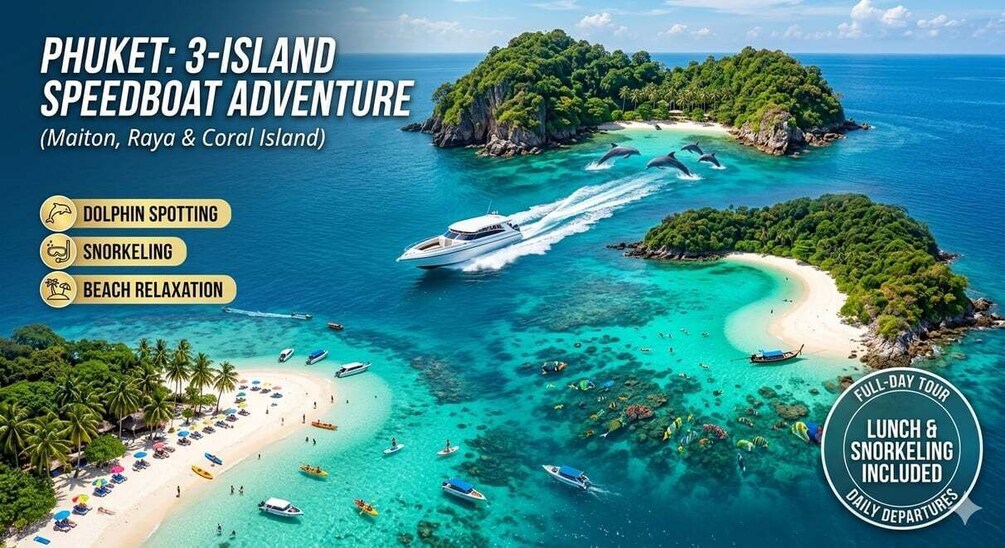 A speedboat adventure in Phuket with dolphin spotting, snorkeling, and beach relaxation. 1