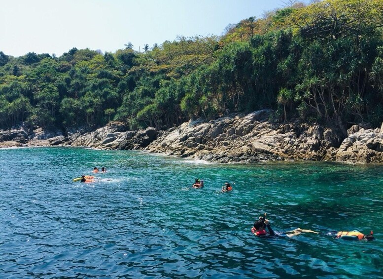People swimming and floating in a clear blue sea with rocky cliffs and dense greenery in the background. 2