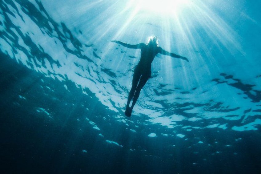 Une personne nageant sous l’eau, les rayons du soleil filtrant à travers l’eau. 1