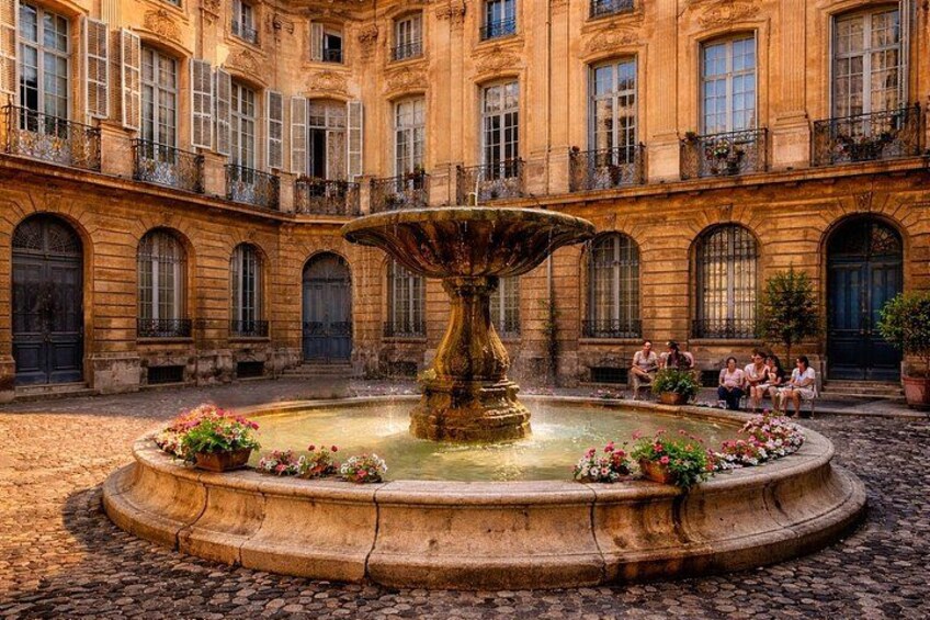 Ein historischer Innenhof mit einem zentralen Brunnen, aufwendiger Architektur und Blumenarrangements. 2