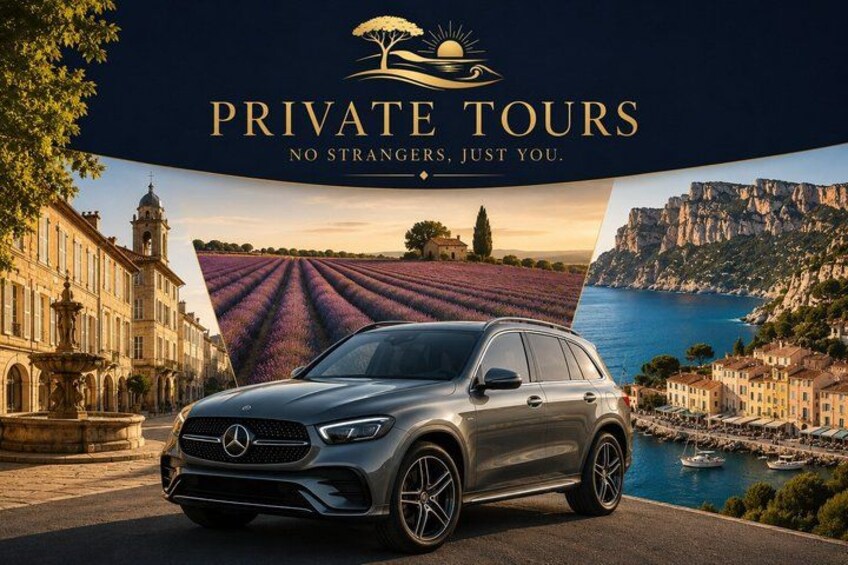 A luxury car parked on a road with a scenic view of a vineyard, a historic building, and a coastal landscape. 2