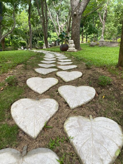 A garden path with heart-shaped stepping stones leading through greenery. 2