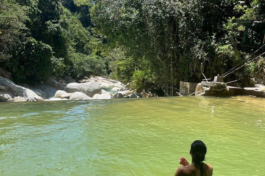 A person in a natural pool surrounded by rocks and greenery. 1