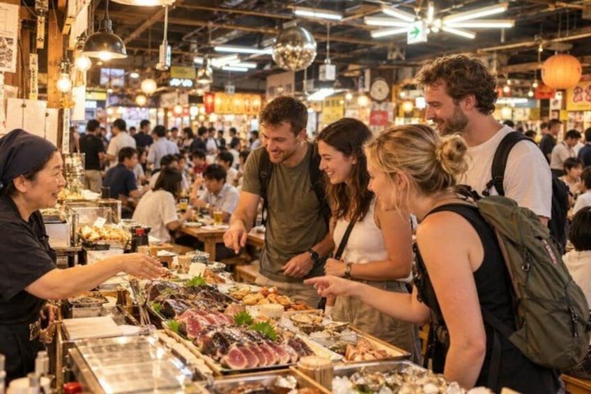 A bustling indoor market with people browsing and selecting food items. 2