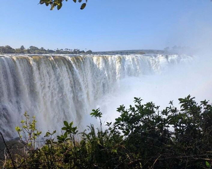A large waterfall with dense foliage in the foreground. 1