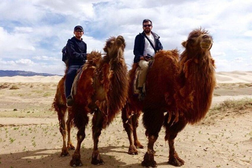 Two camels with riders in a desert landscape. 5