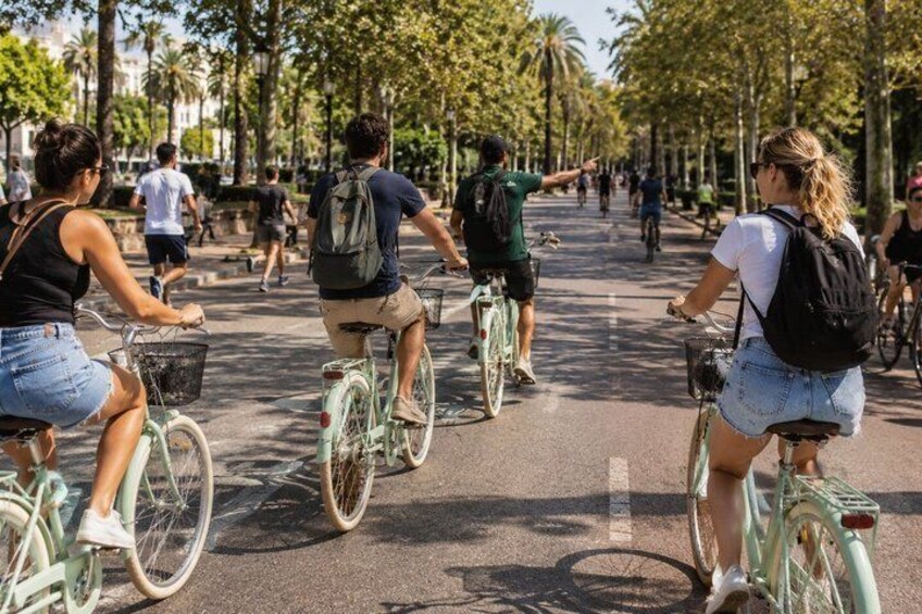 Folk cykler på en gade med træer langs begge sider. 5