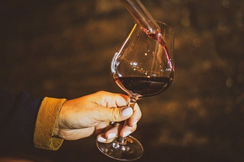 A hand holding a wine glass with red liquid. 4