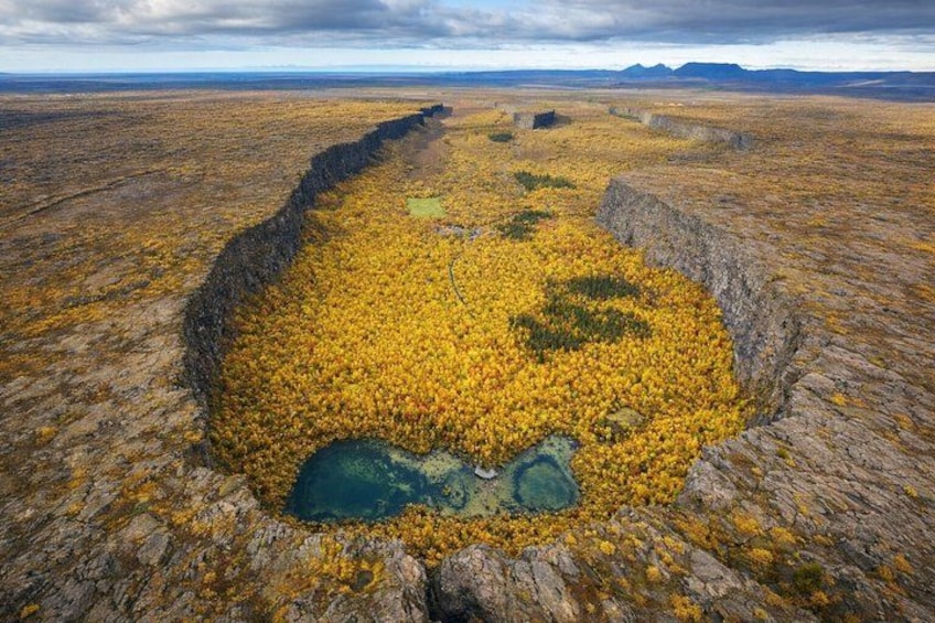 A vast landscape with a distinctive circular depression surrounded by yellow vegetation, possibly a natural formation or a man-made feature. 1
