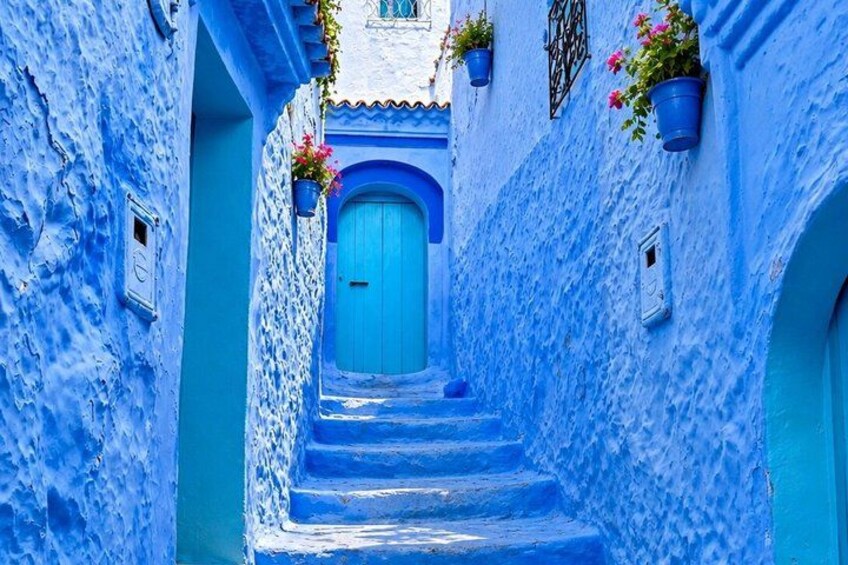 Un vicolo stretto con edifici dipinti di blu, una porta azzurra e piante in vaso. 2