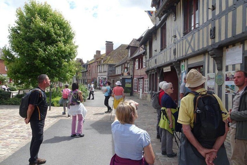 A cobblestone street lined with traditional half-timbered buildings, people walking, and a tree in the foreground. 4