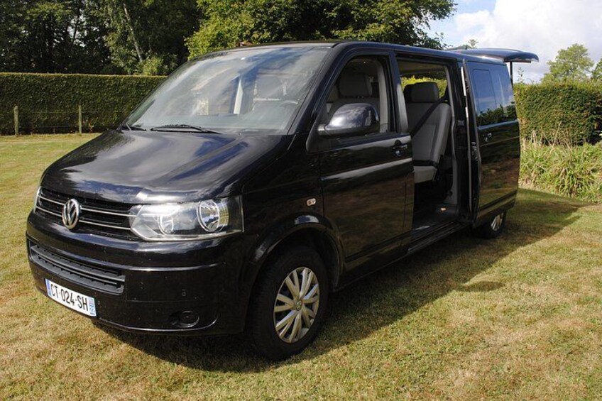 A black Volkswagen van parked on a grassy area with trees in the background. 1