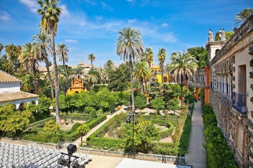 Un giardino con palme, un vialetto e edifici storici. 3