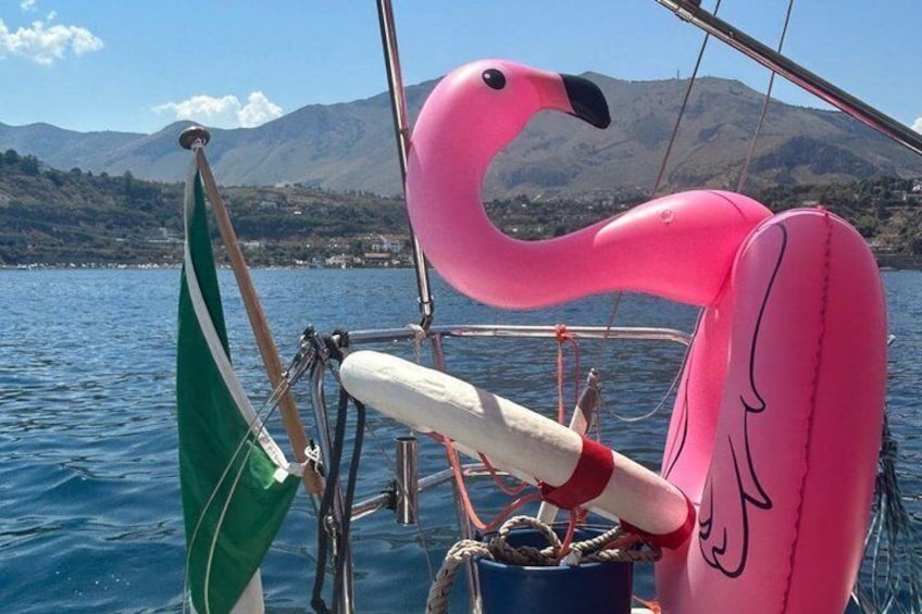 A boat with a pink flamingo float, a green flag, and a mountainous landscape in the background. 4