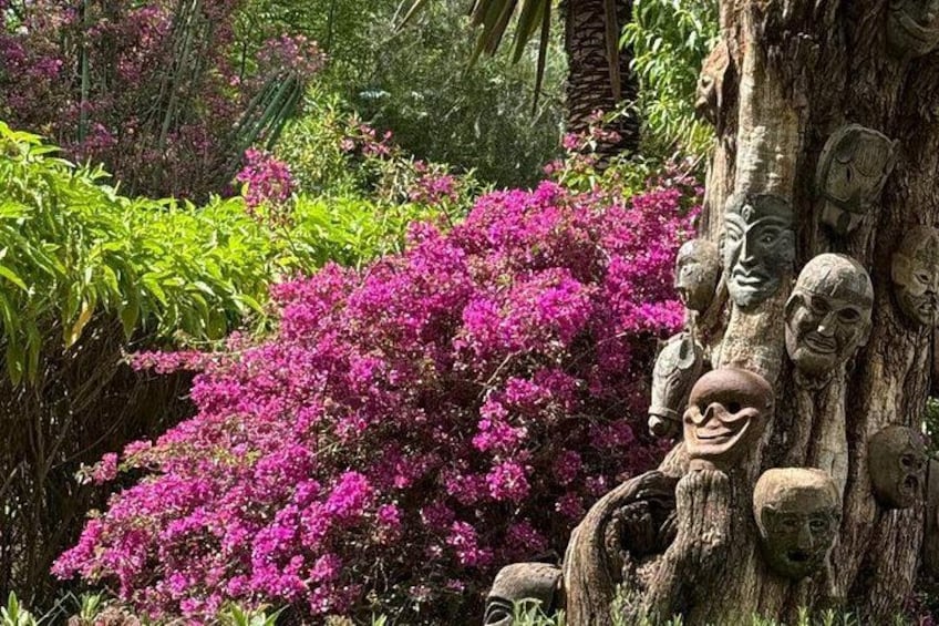 A tree with carved faces and pink bougainvillea flowers. 4