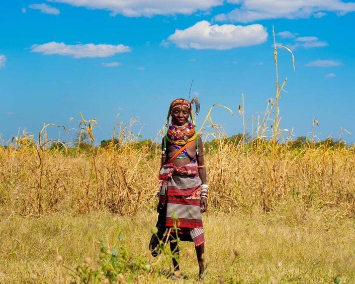 A person standing in a field with tall grass and a clear blue sky. 4