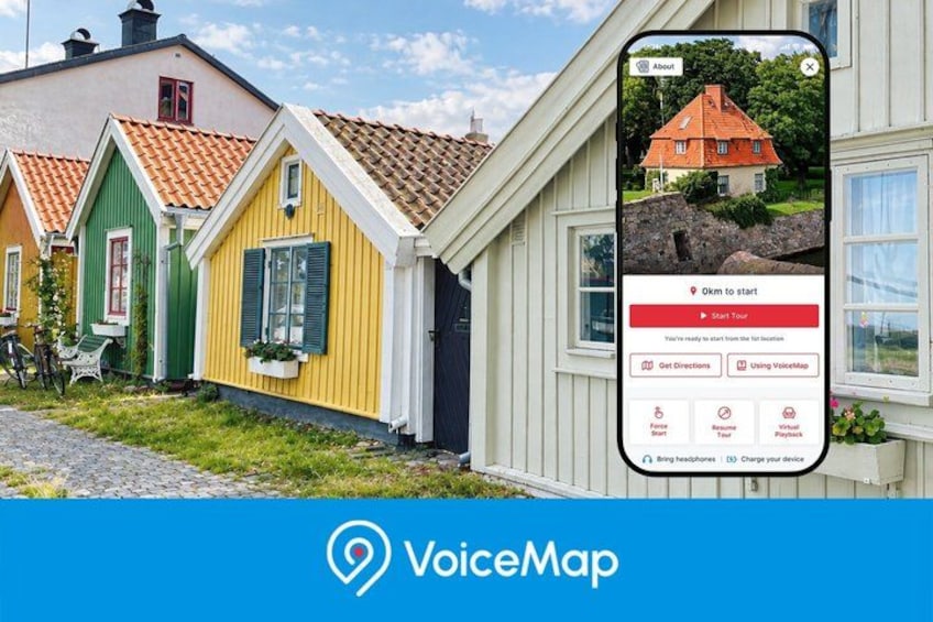 Colorful houses, a smartphone with a map app, and the VoiceMap logo. 1