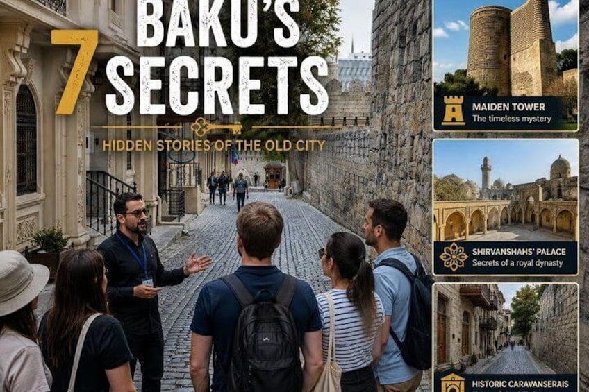 A group of tourists walking on a cobblestone street in Baku, with historic buildings and Maiden Tower in the background. 1