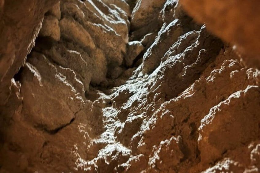 A close-up of a rocky cave interior with uneven surfaces and small crevices. 5