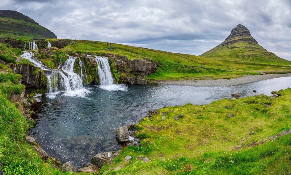 A waterfall, a river, and a hill with a distinctive shape. 4