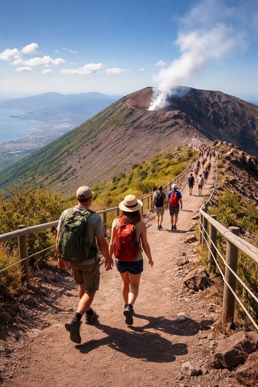 Hikers on a mountain trail with a volcano in the background. 2