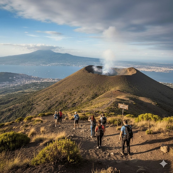A group of hikers on a trail with a volcano in the background emitting smoke. 1