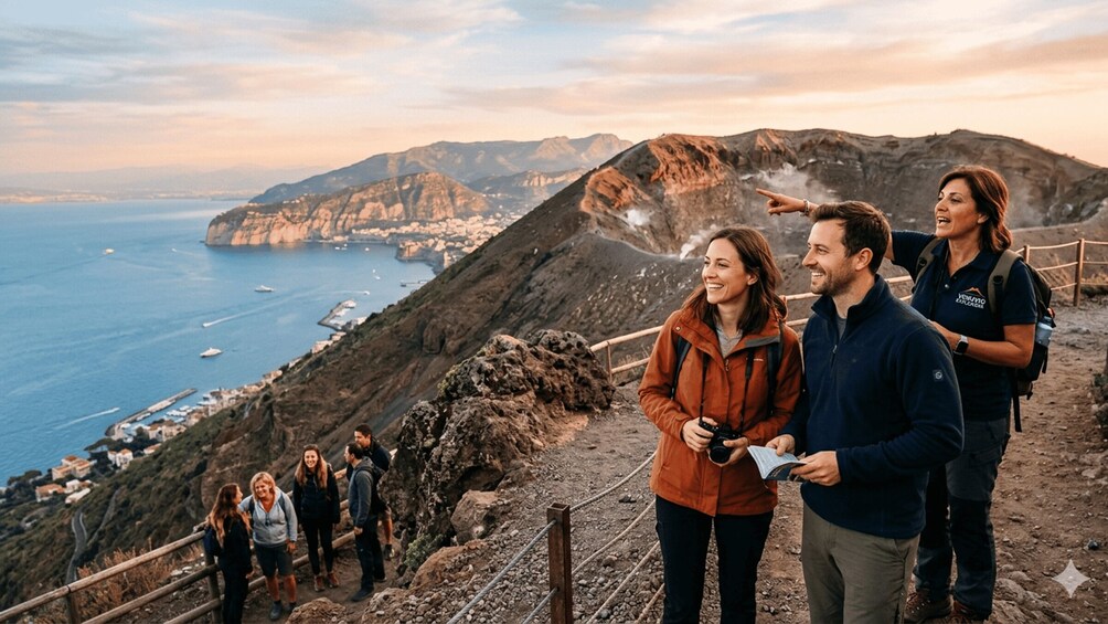 A group of hikers on a coastal trail with a view of the sea and mountains. 3