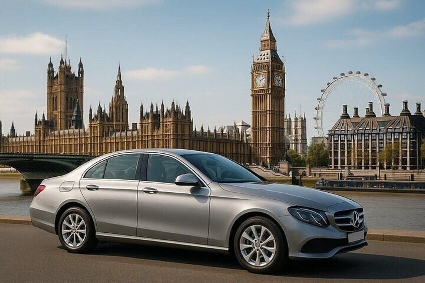 A silver car parked on a road with the Big Ben and the London Eye in the background. 2