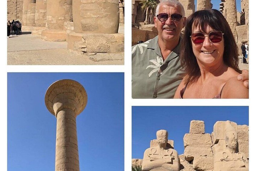 Ancient Egyptian ruins with large stone structures and a clear blue sky. 1