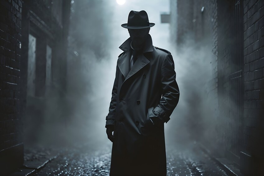 Een persoon in een trenchcoat en hoed staat in een mistige steeg. 1