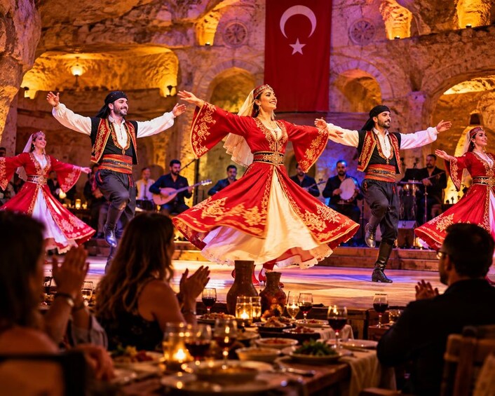 A cultural performance with dancers in traditional costumes, a Turkish flag, and an audience seated at tables. 1